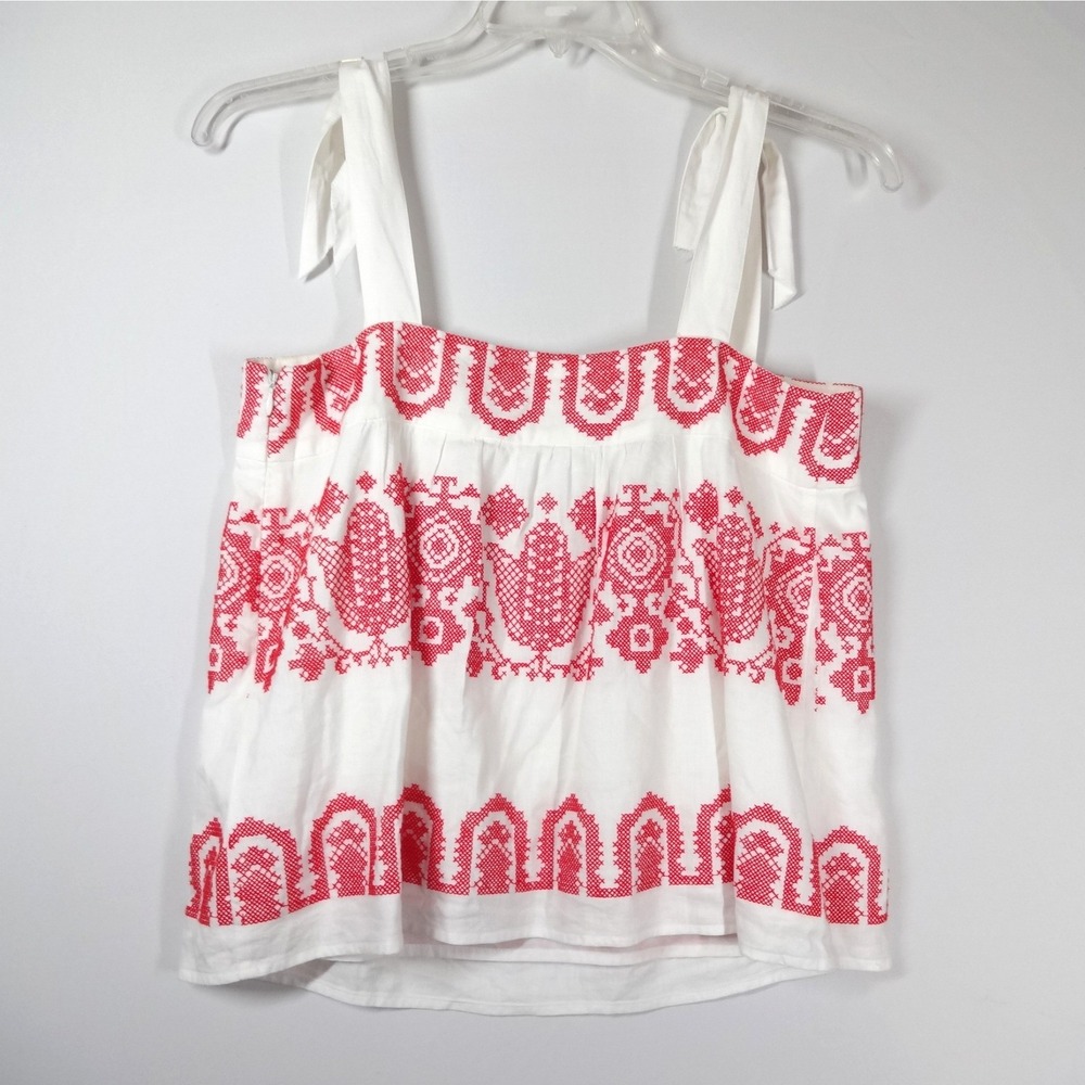 Milly Embroidered‎ Linen Top Womens Small White Red Boho Folk Cami Festival